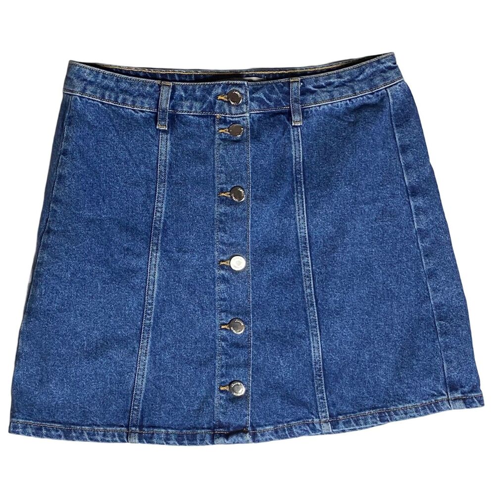 Denim Co Blue Denim Button Front Skirt Size 8 High Waist A-Line